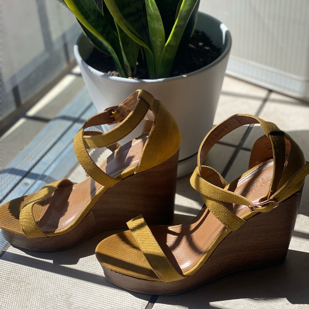 Yellow slingback strap wedge